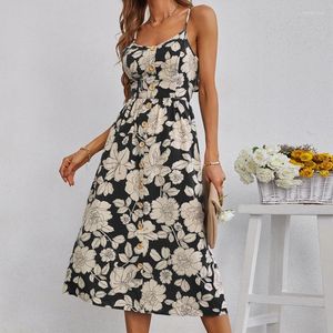 Casual Dresses Women Summer Spaghetti Strap Buttons Front Midi Long Swing Dress Boho Floral Print Sexig Tie Knut rygglös elastisk midja