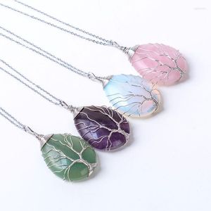 Pendant Necklaces Natural Stone Tree Of Life Necklace Winding Wrapped Drop Shaped Crystal Opal Chakra For Women Christmas Gift