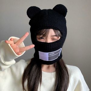 Beanie/Skull Caps Y2K Balaclava Scarf Cap Bear Ear Beanies Winter Warm Män kvinnor Wool Sticked Hat Unisex Hooded Neck Collar Ski Head Cover Gorra T221020