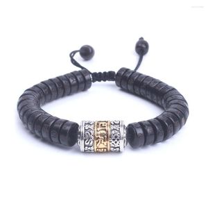 Strand Natural Coconut Shell Bads Om Mani Padme Hum com Metal Mantra Signo Bracelet Handmade