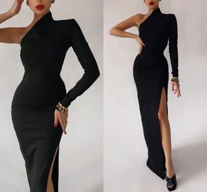 Sexy Black Evening Dress 2023 Elegant Slit Sheath Formal Prom Gowns for Women Party Wear One Shoulder Long Sleeve Vestidos De Fieast Robe Soiree