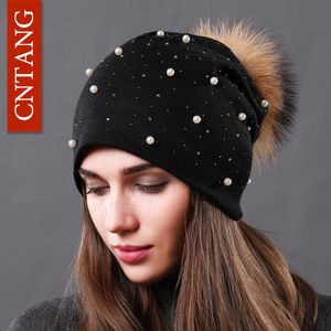 Beanie/Totenkopfkappen, Damenmütze, natürliches Waschbärfell, Bommelmütze, Herbst- und Wintermütze, warme Baumwollmütze, Strass, modische Mütze für Damen, mehrere Stile, T221020