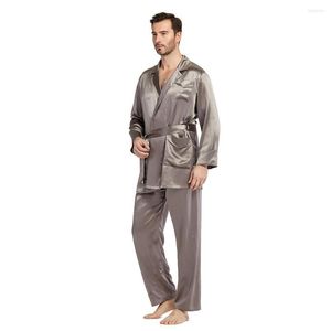 Mäns sömnkläder Silk Pyjama Set For Men 22 Momme mantel Långärmar lyxiga naturliga herrkläder pyjamas sömn