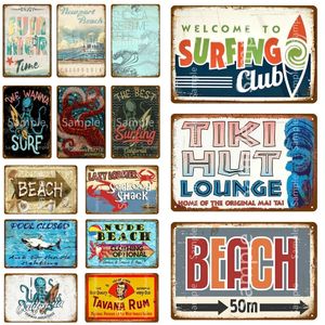 Beach Targa in metallo Tiki Hut Lounge Decorazione da parete in metallo dipinto per bar sulla spiaggia BeachHouse Surfing Club Decorativo 20cmx30cm Woo