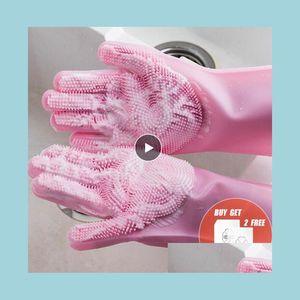 Cleaning Gloves Sile Cleaning Rubber Gloves Convenient For Kitchen Household Sponge Washing Dishes Mtifunctional And Durable 3 Pair Dhb6N