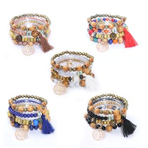 Bohemian Tassel Bracelet Wood Beads Beaded Bracelet Life Tree Pendant Bracelets 4PCS/Set