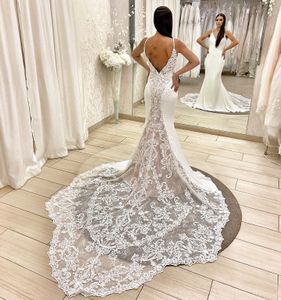 Charming Mermaid Lace Wedding Dresses Backless Bridal Gowns Spaghetti Strap Neckline Appliqued Sweep Train Satin Vestido De Novia 326 326