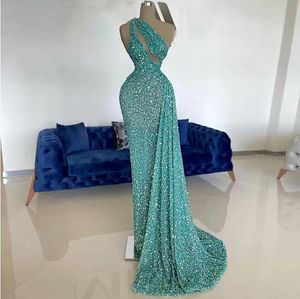 Jade Blue Beading Prom Dresses One Shoulder Mermaid Cocktail Party Gown paljetter Keyhole Style Abendkleider aftonkl￤nning