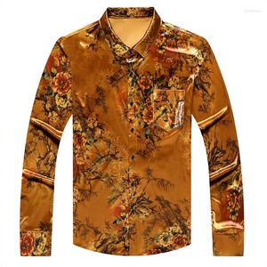 Camicie casual da uomo Abbigliamento in velluto di seta da uomo 2022 Moda autunnale Stampa Velluto Maschile manica lunga Fiori Abito stampato in oro