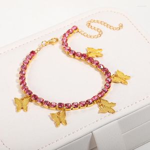 Anklets Bohemian Fjäril för kvinnor som bling rosa zirkonhänge ankelarmband på benkedjan sommarstrandsmycken