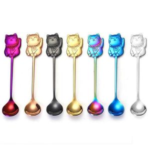 Lucky Cat Coffee Stir Spoon Colorful Stainless Steel Dessert Pudding Tea Scoop Kitchen Tableware Cup Decor RRA164