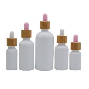 Portable Empty Glass White Bottle Cosmetic Wooden Collar Pink White Top Rubber Pipette Vials Refillable Packaging Container 10ml 15ml 20ml 30ml 50ml 100ml