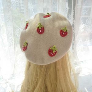 Beanie/Skull Caps Diy Handmade Women's Beret Hat Liten Fresh Strawberry Painter Girl Autumn and Winter Cute All-Match Biscuits Beanie T221020