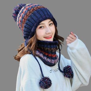 Beanie/Skull Caps Girl Warm Ski 2018 Ny helt Big Fur Pom Poms Ball Sticked Hats Scarf Hat Set Winter Women Beanie Hat Thick Skullies Female Cap T221020