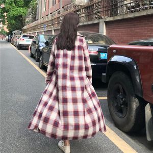 Women's Blouses Vintage Red Black Plaid Long Cardigan Top Women Spring Autumn Casual Loose Sleeve Maxi Shirt Korean Style Lady Summer Coat