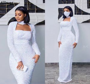 Modern White Sequined Evening Dresses With Long Sleeves High Square Neck Unique Prom Party Gowns Arabic Aso Ebi Plus Size Second Reception Engagement Dress CL1313