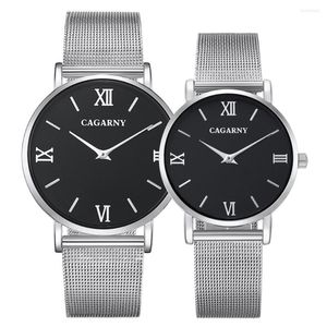 Avanadores de pulso Cagarny Moda Men assistir Silver Mesh Steel Bracelet Watches Lovers Gift Quartz Clock Ultra Fin Style Casal