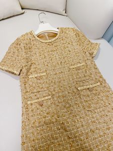 2022 Autumn Round Neck Tweed Panelled Gold Dress Weave Pockets Short Sleeve Short Loose Casual Dresses A2O6335