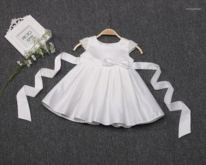 Girl Dresses Baby Baptism White Satin Dress Bow Born Girls Infant Beaded 1 Year Old Birthday