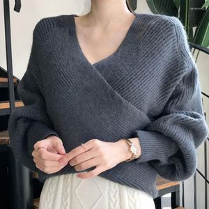 Women's Sweaters 2022 V-neck Loose Sweater Woman Autumn White Long-sleeved Top Elegant Women Temperament Warm Pull Femme 16536