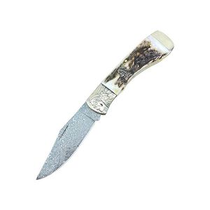 Factoty Price R1022 Klappmesser VG10 Damaststahl Drop Point Säuregeätztes Klingenhorn mit geschnitztem Messinggriff EDC Taschengeschenkmesser