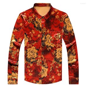 Men's Casual Shirts Mens Flowers Print Soft Velour Clothing 2022 Autumn Silk Velvet Long Sleeve Male Gold Printing Dress