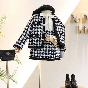 2021 Autumn New Ankomstflickor Fashion Houndstooth 2 stycken kostym kappa kjol barn tweed set flickor kläder