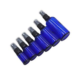 Imballaggio Bottiglia vuota in vetro blu trasparente Pompa per pressa spray nera a spalla rotonda con coperchio trasparente Contenitore per imballaggio riutilizzabile 10 ml 15 ml 20 ml 30 ml 50 ml 100 ml