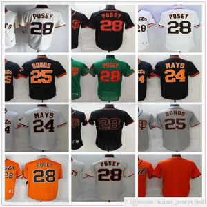 Retro Dikişli Beyzbol Formaları 25 Barry Bonds 28 Buster Posey 24 Willie Mays Jersey En Kaliteli Gri Siyah Beyaz Turuncu Boş Numarasız