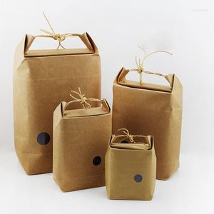 Gift Wrap 10pcs Round Window Show Tea Package Box Rope Rice Handle Hand Poket Kraft Red Brown Paper Grain Storage Moisture-proof Bag