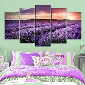 Paintings 5 Piece Wall Art Canvas Painting Purple Lavender Field Sunset Landscape Poster Modern Living Room Home Decoration Picture