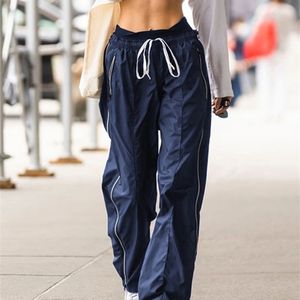 Womens Pants Capris Weekeep Streetwear Casual Sweatpants Side Stripe Elastic Low Rise Straight Cargo Pants y2k Aesthetic Jogger Trousers Women Basic 221024