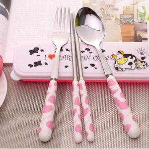 Dinnerware Sets WHYOU Korea Stainless Ceramic Catoon Cute Portable Outdoor Travel Tableware Cutlery Kids Gift