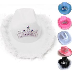 Berets Western Decor Cowgirl Costume Pink White Cowboy Hat Men Bedazzles Feather Crystal Beaded Fedoras Outdoor Wide Brim Sun Hats