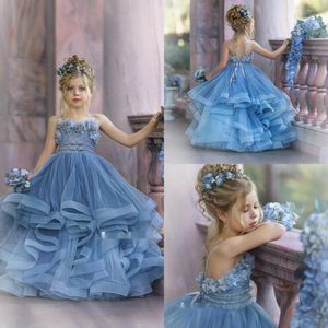 Girl Dresses Haze Blue Flower For Wedding Lace 3D Floral Appliqued Little Pageant Dress Tiered Skirts Vestidos De Desfile