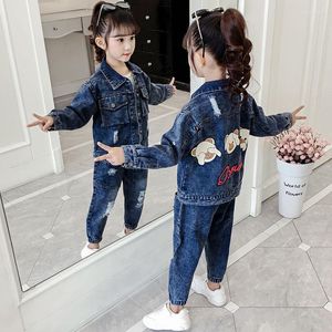 의류 세트 데님 어린이 세트 스프링 가을 여자 청바지 재킷 바지 2pcs 십대 옷 어린이 트랙 슈트 4 6 8 10 12 년