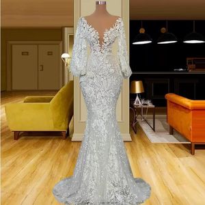 Floria Puffy maniche lunghe Perline Abiti da sposa a sirena Abito da sposa floreale in pizzo pieno Arabo Dubai Vestidos De Fiesta