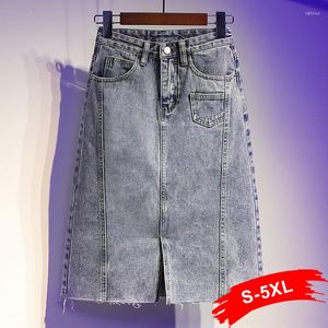 Skirts Pocket Mini Plus Size Patchwork Vintage Wash Jeans 6XL Summer Harajuku High Waist Front Split Knee Length Denim Midi Skirt