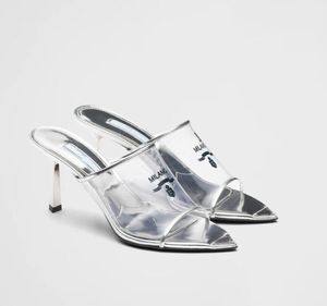 Dames merk sandaal slipper hakken schuifschoenen luxe designer logo-print plexiglas dia's puntige muildieren met doos 35-42