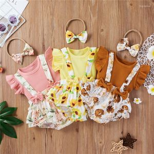 Completi di abbigliamento 0-24M Neonata nata Vestiti per ragazzo Set di abiti floreali Increspature lavorate a maglia T-shirt Salopette floreali Pantaloncini Costumi autunnali