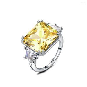 Eheringe Naturstein Ring Gelber Kristall S925 Sterling Silber Trendy Luxuriöser Großer Platz Frauen Männer Geschenk Schmuck Feiner Jewe