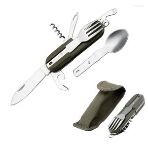 Dinnerware Sets Outdoor Portable Army Green Folding Camping Cutlery Knife Fork Spoon Bottle Opener Tableware Stainless Steel Pocket