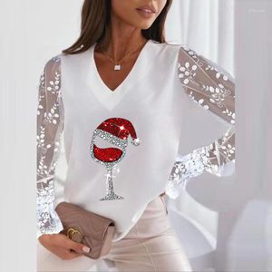 Women's Blouses Casual Loose V Neck Women Christmas Tops Female Patchwork Sexy Long Sleeve Pullovers Streetwear Red Wine Glass Print Slim