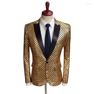 Men's Suits Models Laser Fish Scale Bronzing Men's Casual Suit Jacket Prom Party Fashion One Buckle Black Lapel Slim