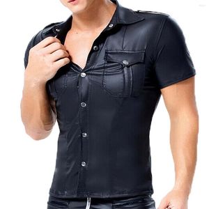 Męskie koszulki 3xl męskie T-shirty Pu skórzany przycisk Obracający kołnierzyk krótkiego rękawu Clubwear Streetwear Męskie czarne topy TEE Plus Size