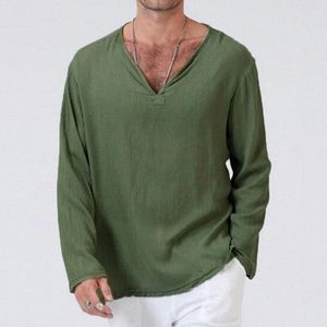 Erkek Tişörtler Plus Boyut xl Tunik Erkek Gömlek Yumuşak Düz Renk Keten Basit Basit Sıradan Uzun Kollu V Yok Gömlek Erkek Yaz Bahar Gevşek Topçılar F802