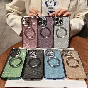 Pl￤tering magsafe magnetiska telefonfodral lyx glitter tr￥dl￶st laddning omslag f￶r iPhone 14 13 12 11 pro max 14 plus linsglas telefonfodral