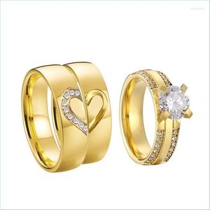 An￩is de casamento An￩is de casamento Proposta de noivado para homens e mulheres Alian￧a de amantes de cora￧￣o dourado 3pcs promessa casal ring weddingw dhtf4