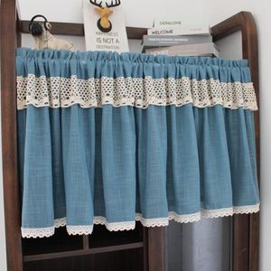 Cortina de cortina de estilo retrô azul café cortinas bege bainha estante de estante de pó Partição meio bar da porta de cozinha da porta de cozinha curta