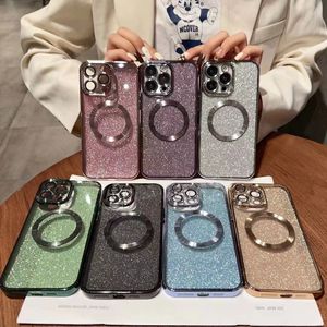 Casos de celular magnéticos glitter para iPhone 12 13 14 Pro Max Magsafe Charging sem fio Caso de proteção com tudo incluído